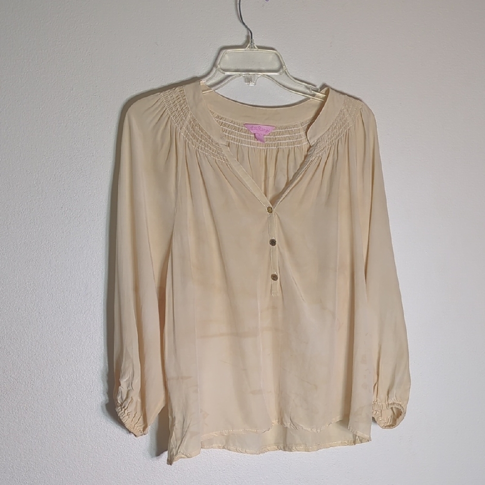 Lilly Pulitzer Women's Blouse Peasant Shirt Top Prairie Tea Stained Neutral XL